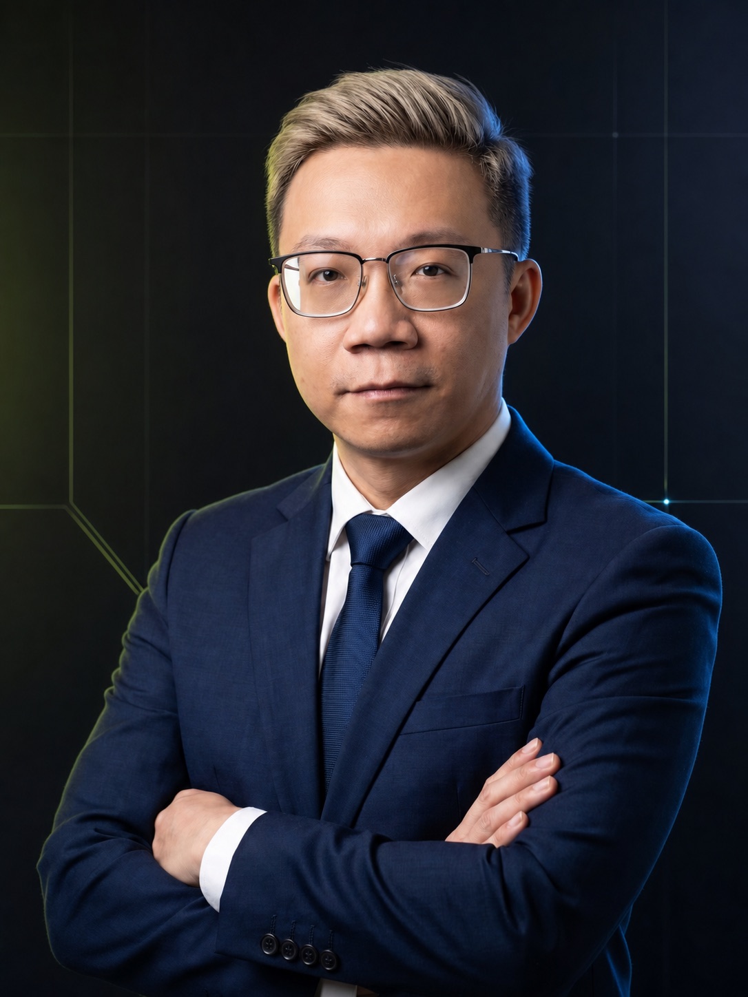 Chân dung giảng viên Phạm Xuân Sơn trên nền studio công nghệ